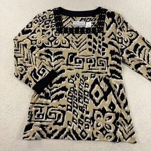 Alfred Dunner Petite Top Animal Print Embellished Neck 3/4 Sleeve PS Workwear‎